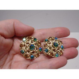 Blue and Orange Rhinestone Clip-On Open Work Earrings Vintage 1 Inch Across MCM